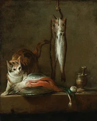 Natura morta con gatto e pesce