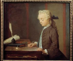 Il bambino Toton. Un bambino che gioca a toton. Dipinto di Jean Baptiste Simeon Chardin, 1738