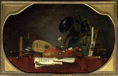 Gli attributi della musica Natura morta con spartito, violino, mandore, musette da corte, flauto traverso, corno e tromba