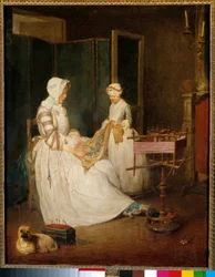 La madre lavoratrice Una madre aiutata dalla figlia a ricamare e usare un telaio. Dipinto di Jean Baptiste Simeon Chardin (1699-1779)