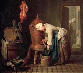 Donna che attinge acqua da una cisterna di rame