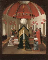 Un mausoleo turco con figure alla tomba di un sultano