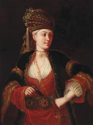 Una signora, tre quarti di lunghezza, in costume orientale
