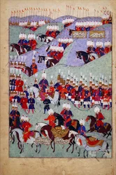 Funerale del Sultano Solimano il Magnifico, Storia del Sultano Solimano, Istanbul, Turchia, 1579 (inchiostro e colore su carta)