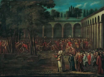 La delegazione ambasciatoriale che attraversa il secondo cortile del Palazzo Topkapı