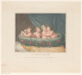 Quattro putti con un cane in un cesto di rose su un cuscino