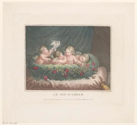 Quattro putti con due colombe in un cesto di rose su un cuscino
