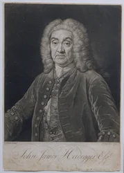 Ritratto di John James Heidegger (1666-1749), impresario svizzero a Londra, inciso da John Faber (1684-1756), 1749