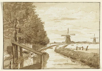 Paesaggio con un canale e due mulini