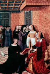 Il poeta Jean Marot (1450-1526) consegna il suo lavoro Voyage to Genoa ad Anna di Bretagna (1477-1514), ca 1508, miniatura di Jean Bourdichon (1457-1521). Francia