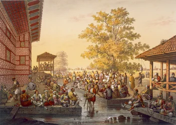 Scena di svago a Pinarbasi, un quartiere di Bursa. Un narratore intrattiene il pubblico, da Souvenirs de Constaninople, pub. 1845