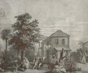 Tempo in famiglia, pannello di carta da parati dalla serie "Paul et Virginie", di Dufour & Cie, c.1823