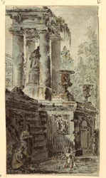 Fantasia architettonica con figure che fanno il bagno