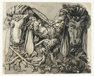 Ornamento con due teste di toro (recto); schizzo di bordi geometrici (verso)