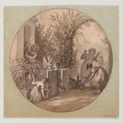 Progetto per un piatto di porcellana dipinta, scena di giardino dal Service de la Culture des Fleurs (Servizio di coltivazione dei fiori)