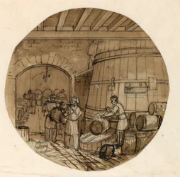 Disegno, progetto per un piatto di porcellana dipinta, Interno di una distilleria di vino, 1831-44