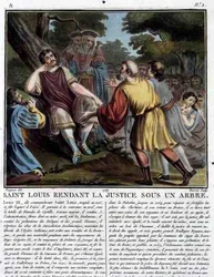 San Luigi Amministra Giustizia Sotto un Albero, inciso da Jean Baptiste Morret 1789 (incisione colorata)