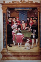 Antoine Macault legge la sua traduzione al re Francesco I (1494-1547) e alla sua corte Il re è circondato dai suoi figli Francesco, Enrico (futuro Enrico II) e Carlo. A sinistra, rappresentazioni (da sinistra a destra): Claude d