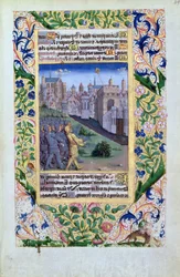 Ms Lat. Q.v.I.126 f.49v Truppe assire che vedono la testa di Oloferne su una picca, dalle "Ore di Luigi d