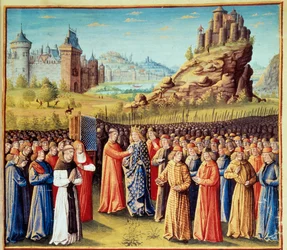 Seconda Crociata: Re Luigi VII detto il Giovane prende la croce a Vézelay alla presenza di San Bernardo di Chiaravalle e del vescovo di Versailles il 31 marzo 1146. Molti baroni presero anche la croce