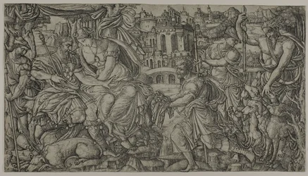 Un re e Diana che ricevono cacciatori