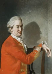 Ritratto di James Hamilton, 2º conte di Clanbrassil, a mezza figura, con giacca rossa, seduto su una sedia di mogano, con il profilo proiettato in ombra sulla parete dietro di lui, 1774