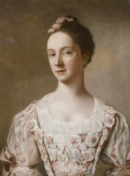 Ritratto di una signora in un abito rosa e bianco