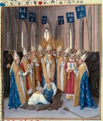Sepoltura di Re Filippo IV il Bello nella Basilica di Saint Denis. Miniatura tratta da "Le Cronache di Saint Denis" di Jean Fouquet, XV secolo. Parigi, B.N.