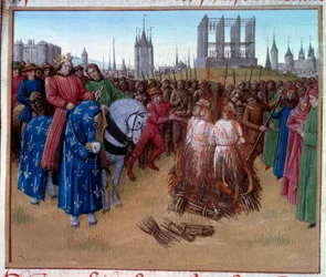 Condanna e tortura degli amauriciani (sostenitori di Amaury de Chartres) alla presenza di Filippo II detto Filippo Augusto. Manoscritto "Grandes Chroniques de France"