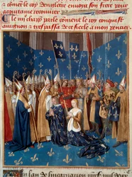 Incoronazione di Luigi VIII (1187-1226) e Bianca di Castiglia (1188-1252) a Reims nel 1224. Miniatura dal manoscritto "Les Grandes Chroniques de France" di Jean Fouquet (1420-1481) XV secolo. Parigi, B.N.