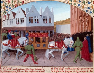 Entrata di Carlo IV (1316-1378) imperatore tedesco nel 1378 a Saint-Denis. Miniatura tratta da "Grandi Cronache di Francia" (Folio 442). Miniatura di Jean Fouquet (XV secolo)