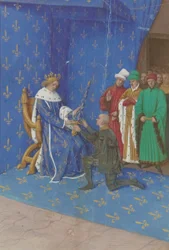 Consegna della spada di connestabile a Bertrand du Guesclin - Miniatura (XV secolo)