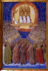 La Santa Trinità, il suffragio dei Santi. Miniatura in "Le Ore di Etienne Chevalier" di Jean Fouquet (1420-1481)