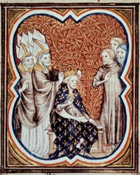 Le corno del re Luigi VI detto il Grosso (1081-1137) Miniatura tratta da Le grandi cronache di Francia di Jean Fouquet (1420-1481) XV secolo Parigi, B.N.