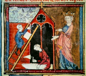 Luigi VI il Grosso (1081 - 1137) che supervisiona la costruzione di un edificio. Miniatura in "Grandi cronache di Francia" di Jean Fouquet (1420-1481)