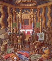 Ms Fr 247 f.293 Profanazione del Tempio di Gerusalemme nel 63 a.C. da parte di Pompeo e dei suoi soldati, illustrazione da «Antichità giudaiche», 1470 circa
