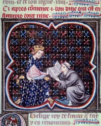 Il primate presenta il testo delle grandi cronache di Francia a Filippo III. Miniatura dal manoscritto di Jean Fouquet “Grandes Chroniques de France”. Parigi, B.N.