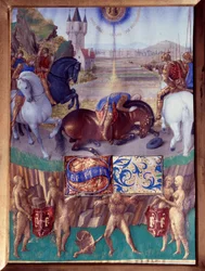 San Paolo sulla via di Damasco. Miniatura tratta da "Il Libro delle Ore di Etienne Chevalier" di Jean Fouquet