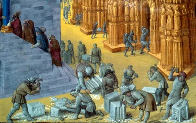 La costruzione del tempio di Gerusalemme da parte del re Salomone. Dettaglio raffigurante gli scalpellini. Miniatura dal manoscritto 