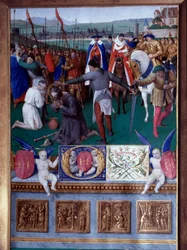 Il martirio di San Giacomo il Maggiore. Miniatura tratta da "Il Libro delle Ore di Etienne Chevalier" di Jean Fouquet