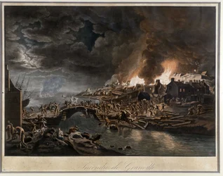 Granville in fiamme assediata dai Vandeani, basato su un dipinto di J. François Hue, c. 1800