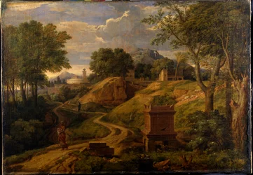 Paesaggio classico con una donna che porta un bambino, c.1650-75