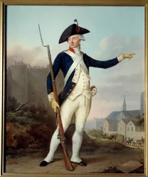 Rivoluzione francese: Ritratto a figura intera del cittadino Nau Deville in uniforme della guardia nazionale (sullo sfondo demolizione della Bastiglia)