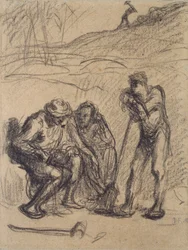 Tre contadini che riposano, uno appoggiato a una vanga, c. 1850-1851