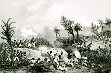 Rivolta nera a Santo Domingo, 16 settembre 1802, da "Histoire Universelle du XIXe siecle", dopo Martinet