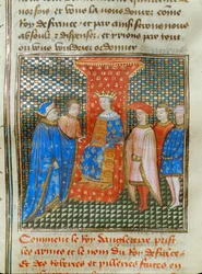 Il re inglese Edoardo III sul suo trono, vestito con una tunica con emblemi inglesi e francesi, ascolta un discorso di Roberto d