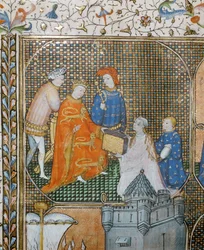 Lo storico Froissart in ginocchio, in abito clericale, presenta le sue Cronache della Guerra dei Cento Anni a Edoardo III ...