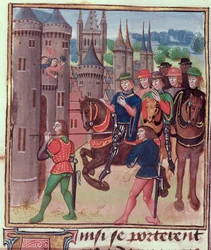 Roy 18 E II f.390 Enrico Bolingbroke (Enrico IV) entra a Londra, eseguito per Edoardo IV, da Vol IV (coprendo il periodo dal 1389-1400), di Jehan Froissart, c.1460-80