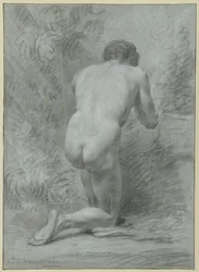 Nudo maschile inginocchiato, visto da dietro