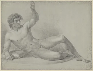 Nudo maschile sdraiato, semi-seduto appoggiato sul braccio destro